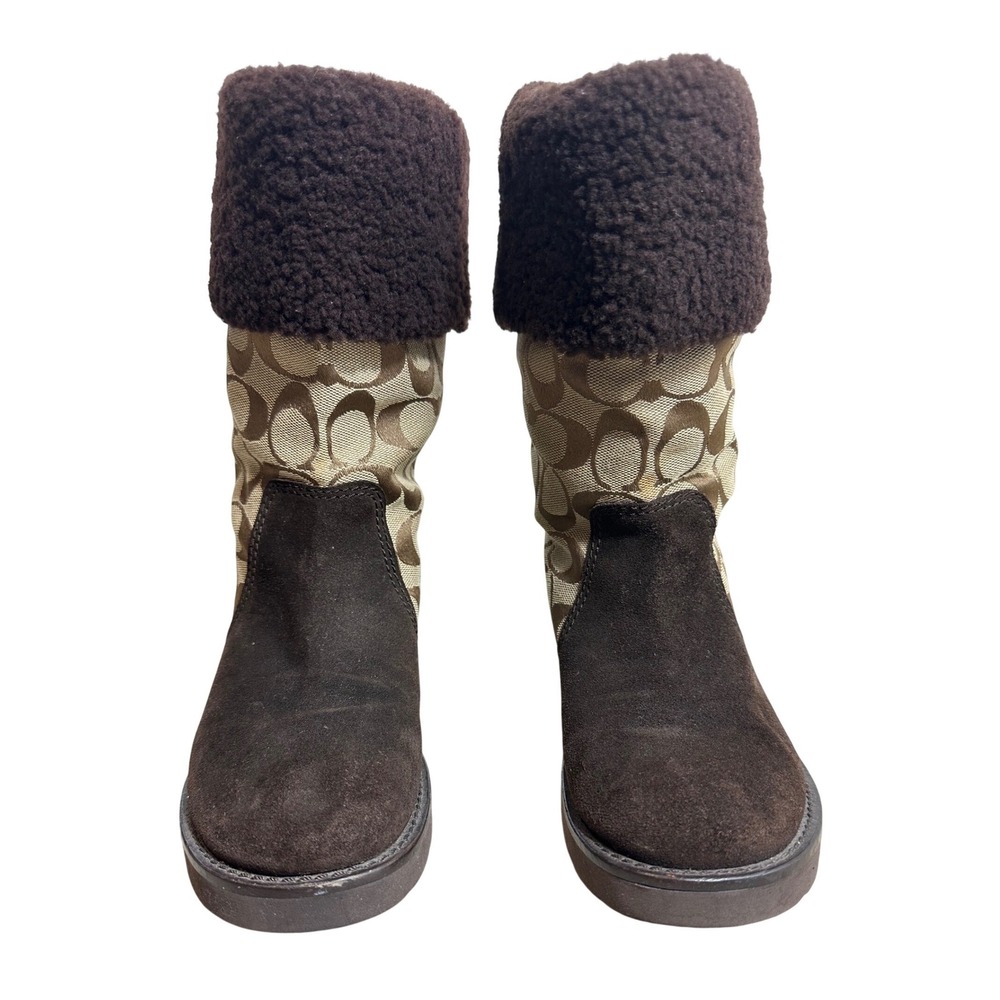 Coach Kally Signature Suede Winter Boots Women Brown Khaki Faux Fur Good 6.5 B - Picture 4 of 16